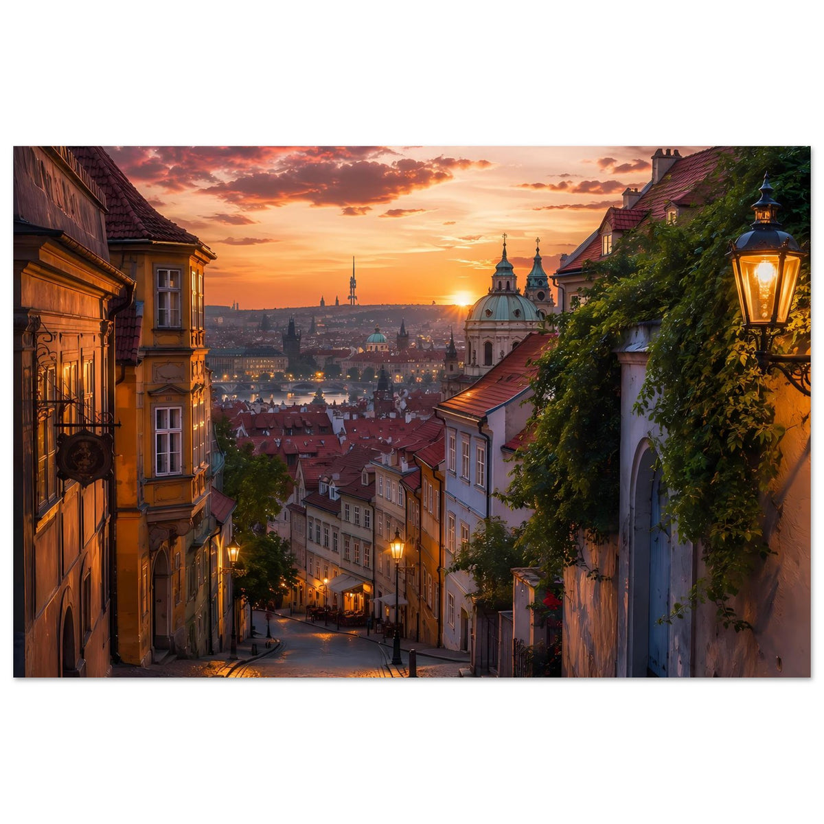 Stadtposter im Querformat: enge Gasse mit warmem Laternenlicht und Abendhimmel