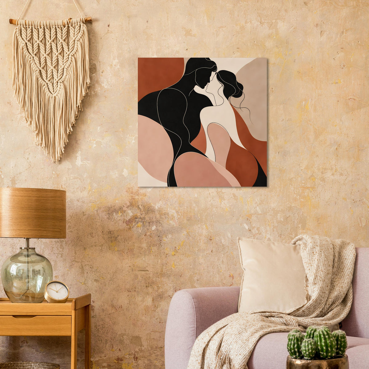 Gerahmtes quadratisches Poster mit abstraktem Liebespaar in Schwarz, Beige und Rostrot