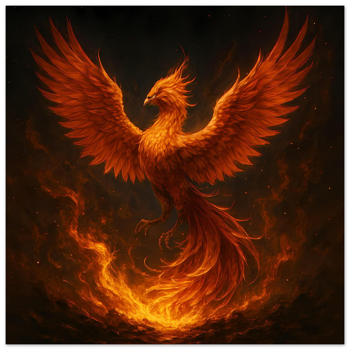 Poster mit Phönixmotiv in Flammen, ausladende Flügel, starke Orange-Glut