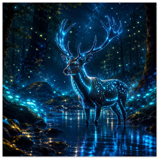 Leuchtendes Hirsch-Poster: blauer, glühender Hirsch auf nassem Waldweg mit Lichtpartikeln.
