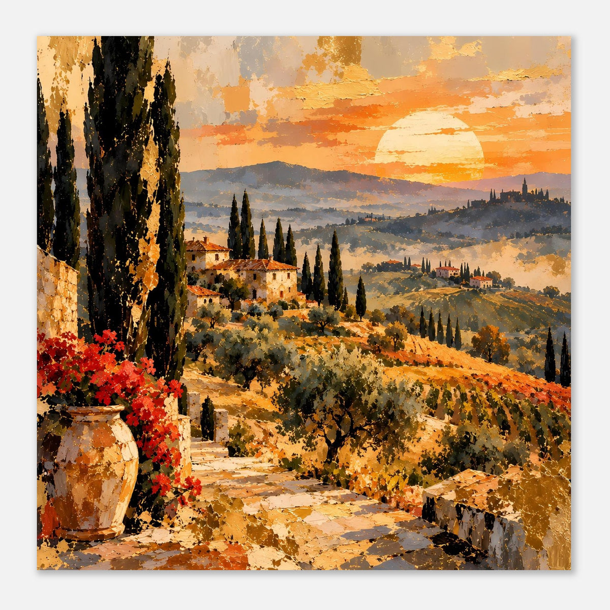 Poster im Hochformat mit toskanischem Landschaftsmotiv: Zypressen, Häuser und orangefarbener Sonnenuntergang