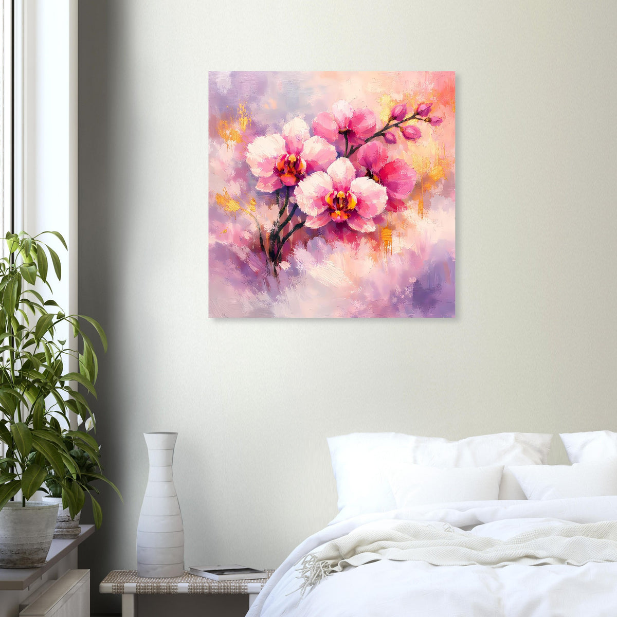 Poster mit rosa Orchideenblüten auf dunklem Zweig, pastelliger Farbnebel mit goldenen Sprenkeln