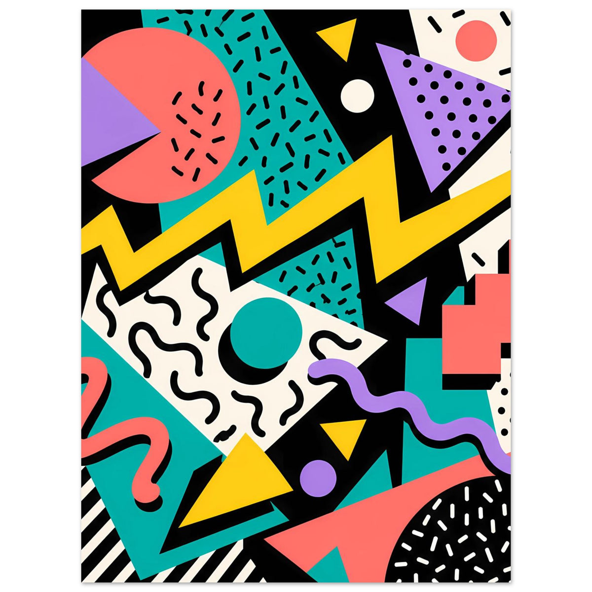 Buntes Retro-Memphis-Poster mit abstrakten Formen: Kreis, Dreieck, Wellen und Zickzack