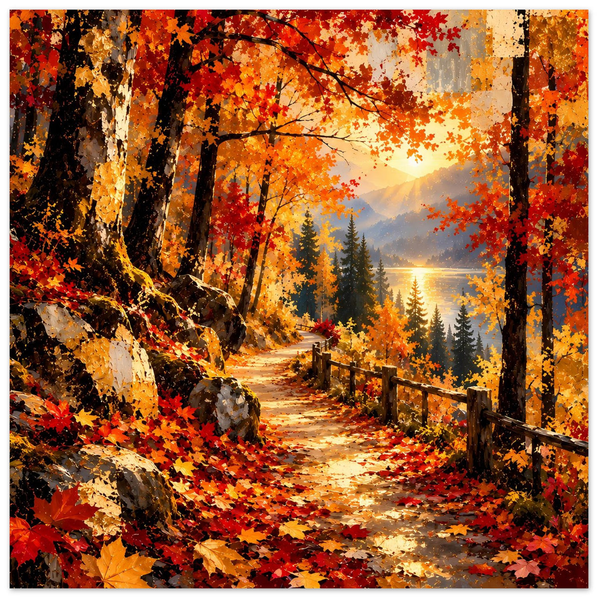 Poster mit Herbstlandschaft: Waldweg, Steine, Zaun und strahlende Sonne zwischen Bäumen