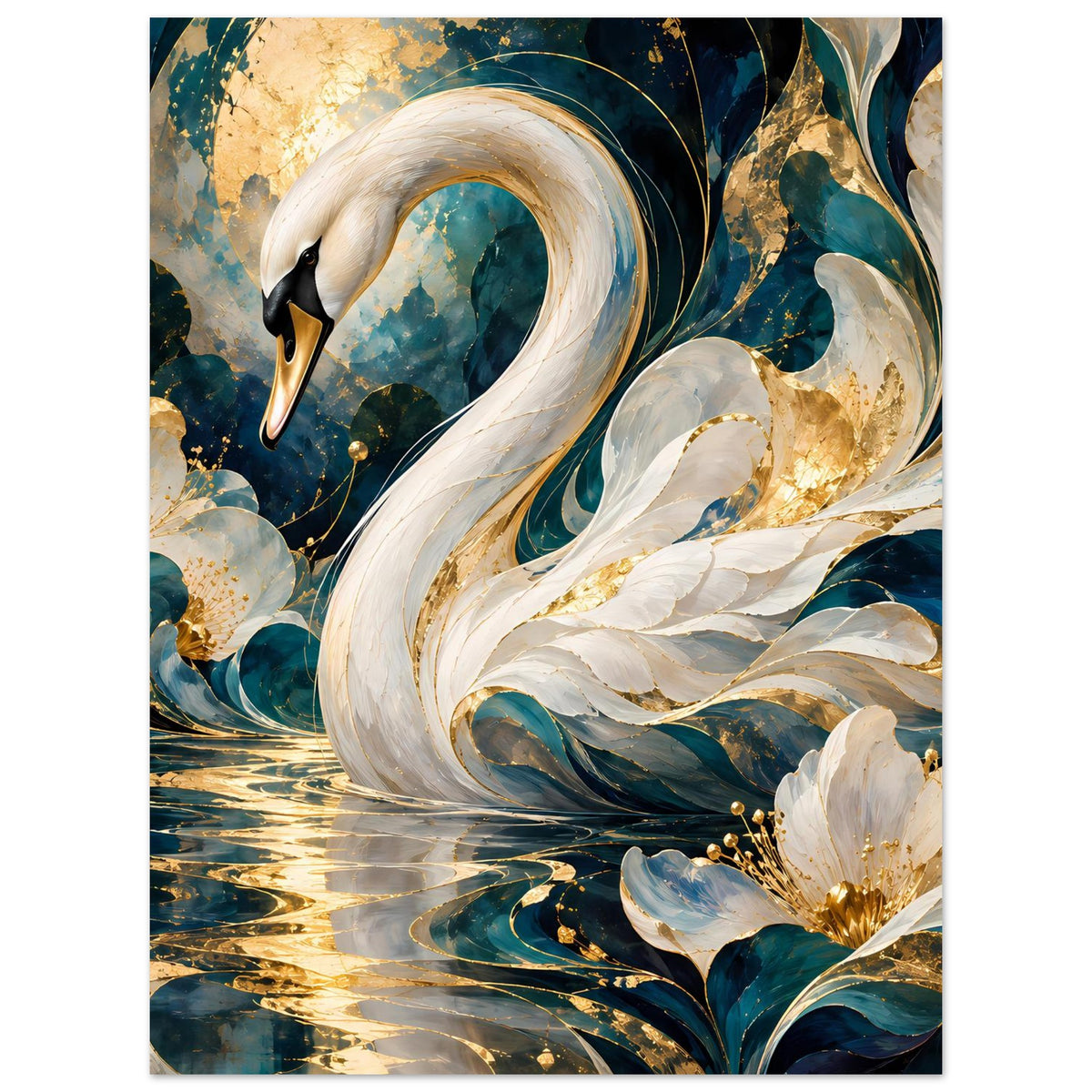 Vertikales Poster mit weißem Schwan, goldenen Blumen und türkisblauen Wellen im Wasser