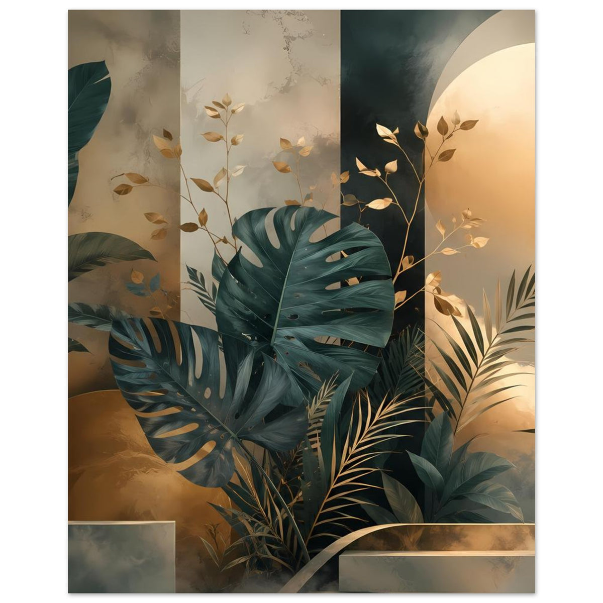 Poster mit tropischem Blattmotiv: Monstera und Palmen in Petrolgrün und Gold (vertikaler Zuschnitt)