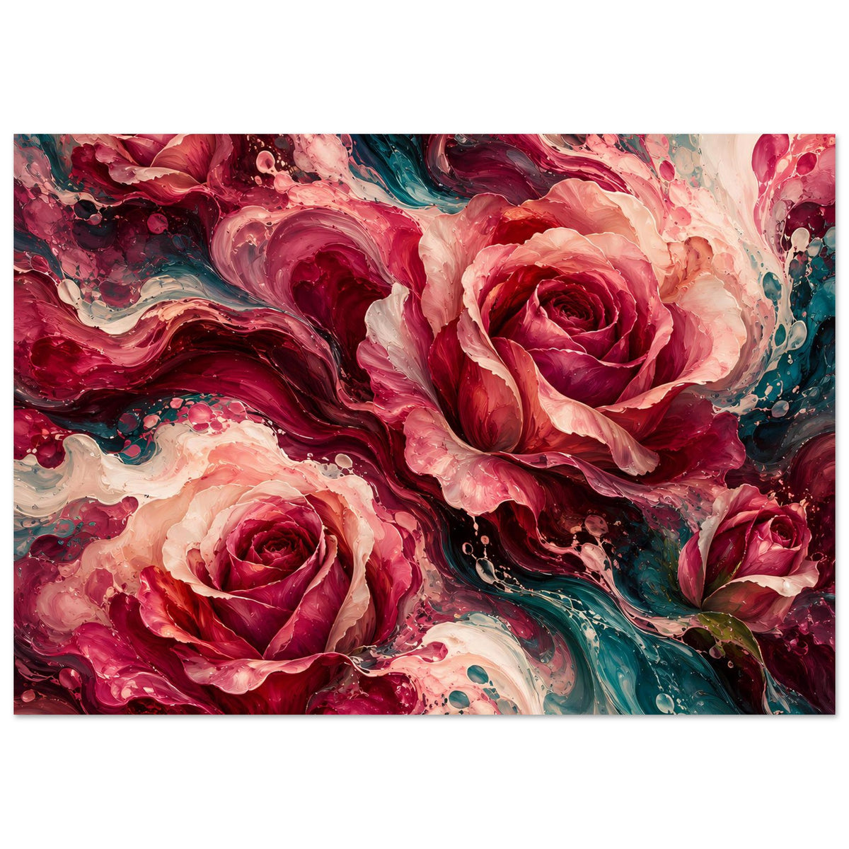 Blumenposter mit roten Rosen und türkisfarbenen Wirbeln, abstraktes Floraldesign