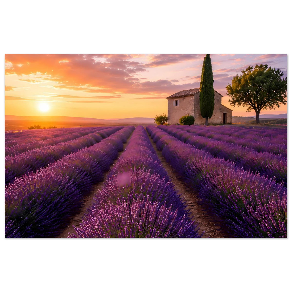 Querformat-Poster: Lavendelfeld bei Sonnenuntergang mit Weg und kleinem Haus.