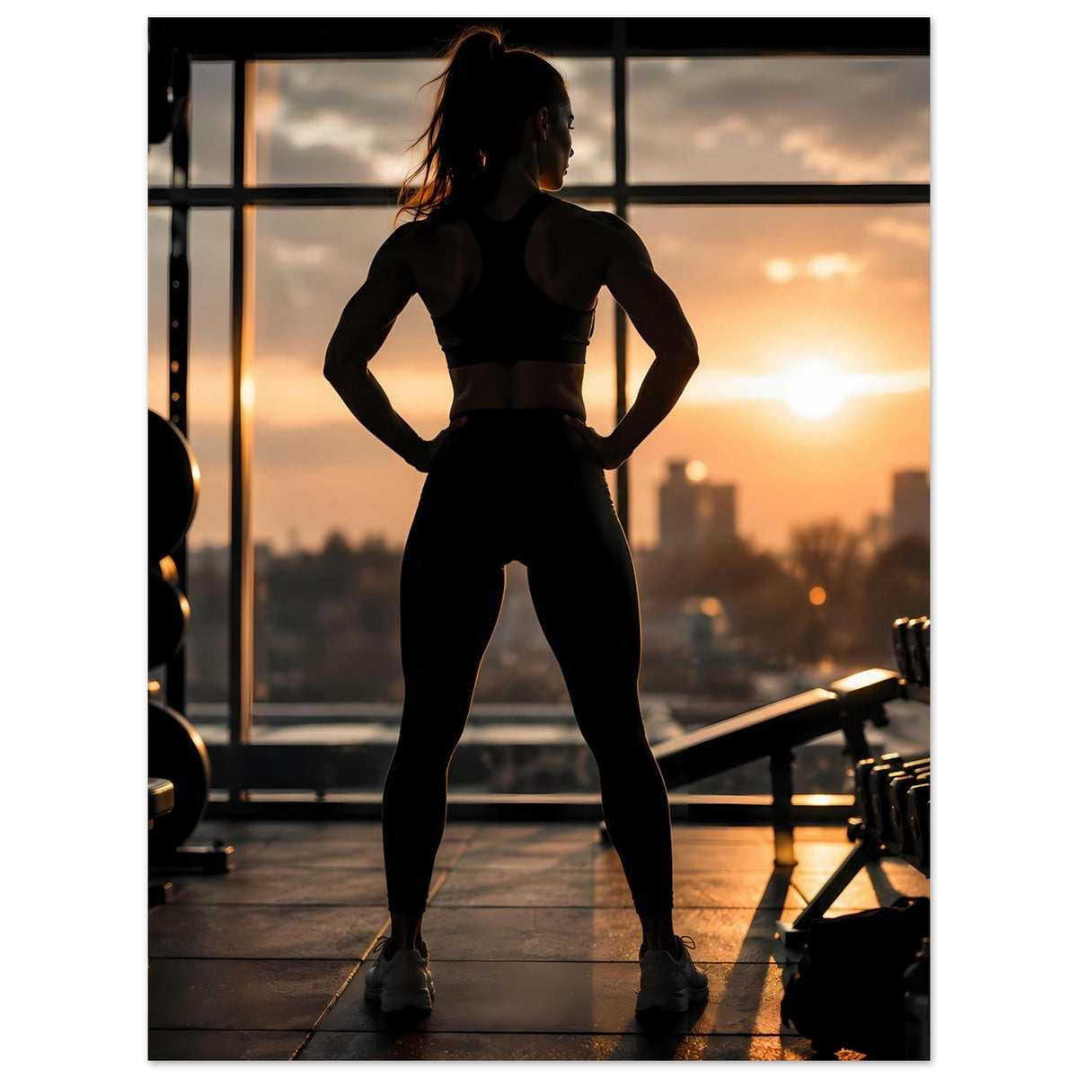 Poster: Sportlerin-Silhouette im Fitnessstudio, Standpose, Sonnenuntergang im Hintergrund