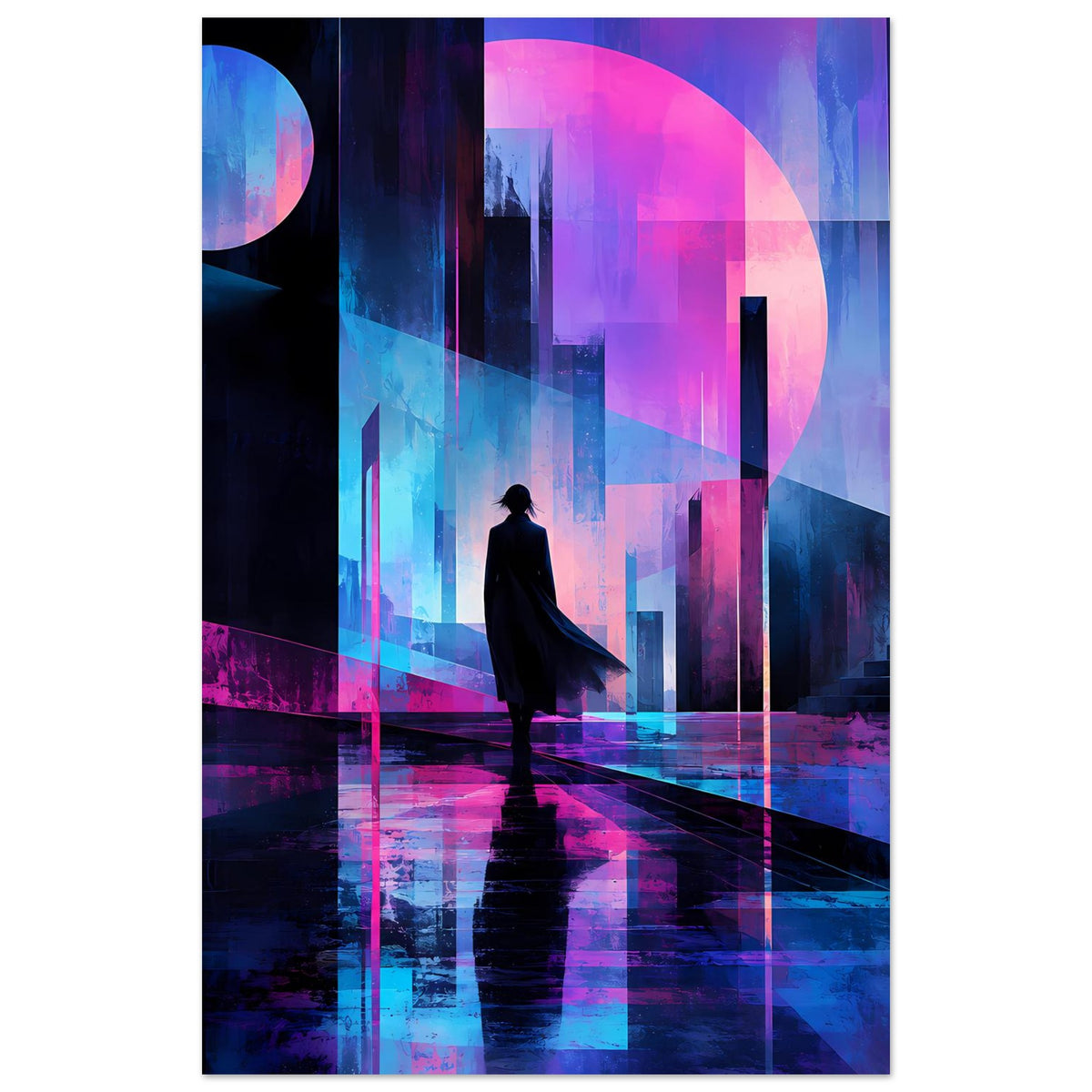 Neon-Stadtposter mit Frau im dunklen Umhang, blau-pinke Neonreflexe und rundem Portal.