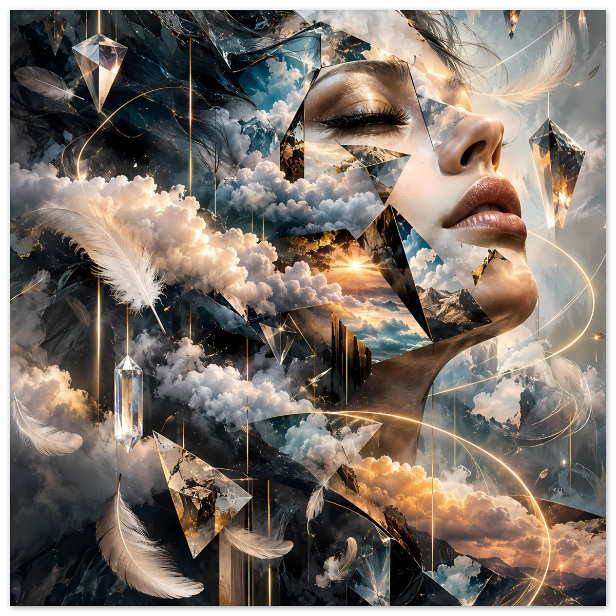 Quadratisches Poster mit surrealer Traumlandschaft: Frauengesicht, Wolken, Kristalle und Feder