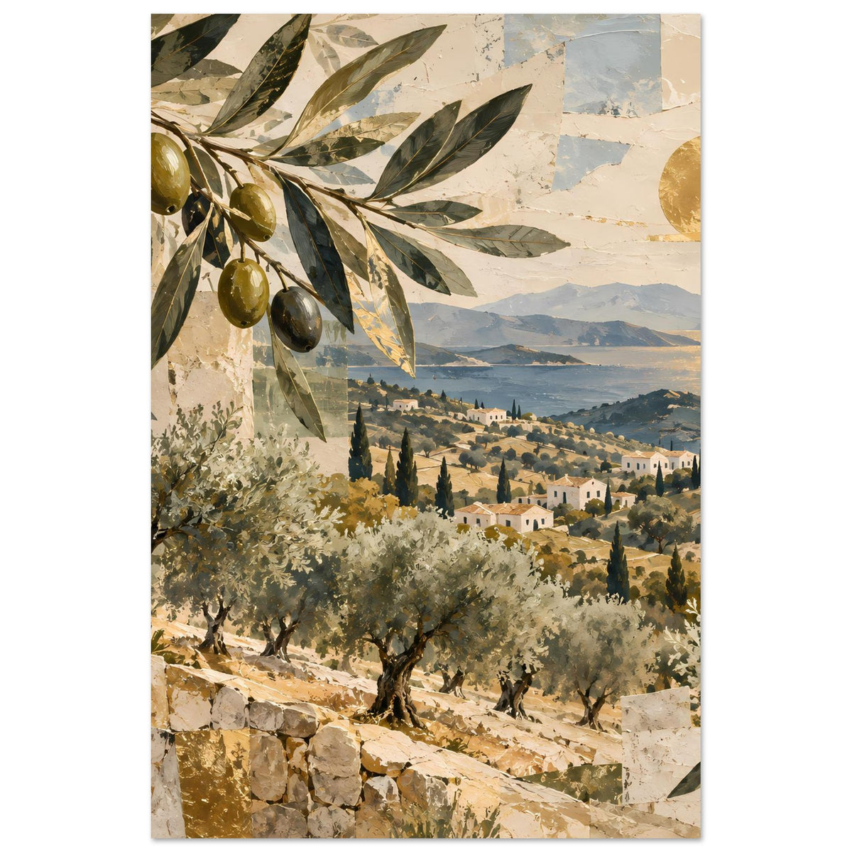Mediterranes Olivenhain-Poster mit Olivenzweig, Olivenfrüchten und Landschaft mit Dorf und Hügeln