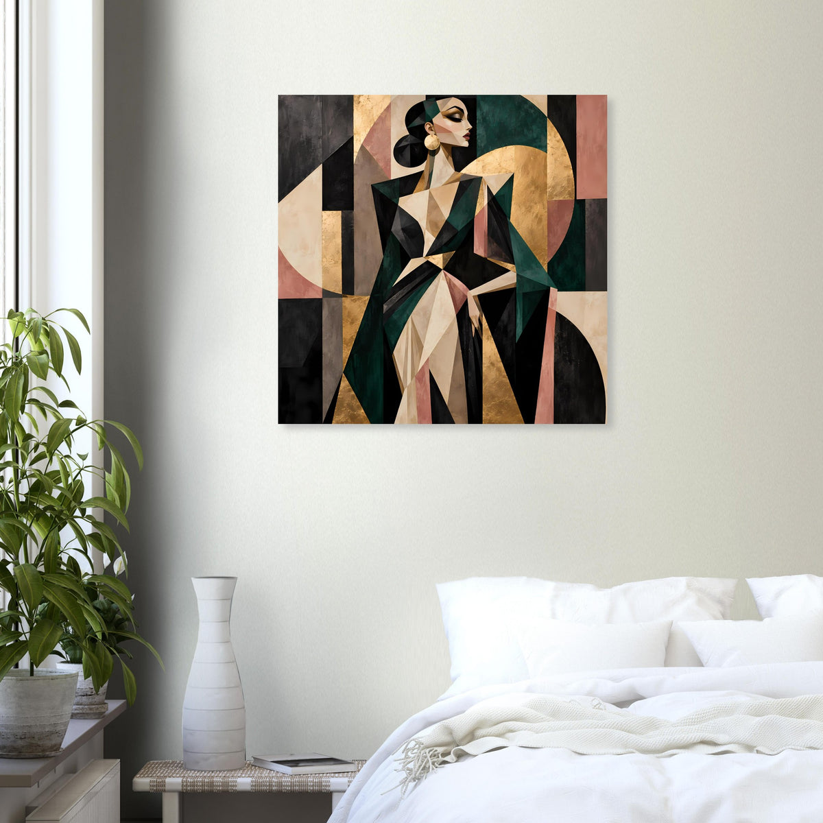 Abstraktes Poster mit geometrischer Frau in Olivgrün, Gold und Rosé