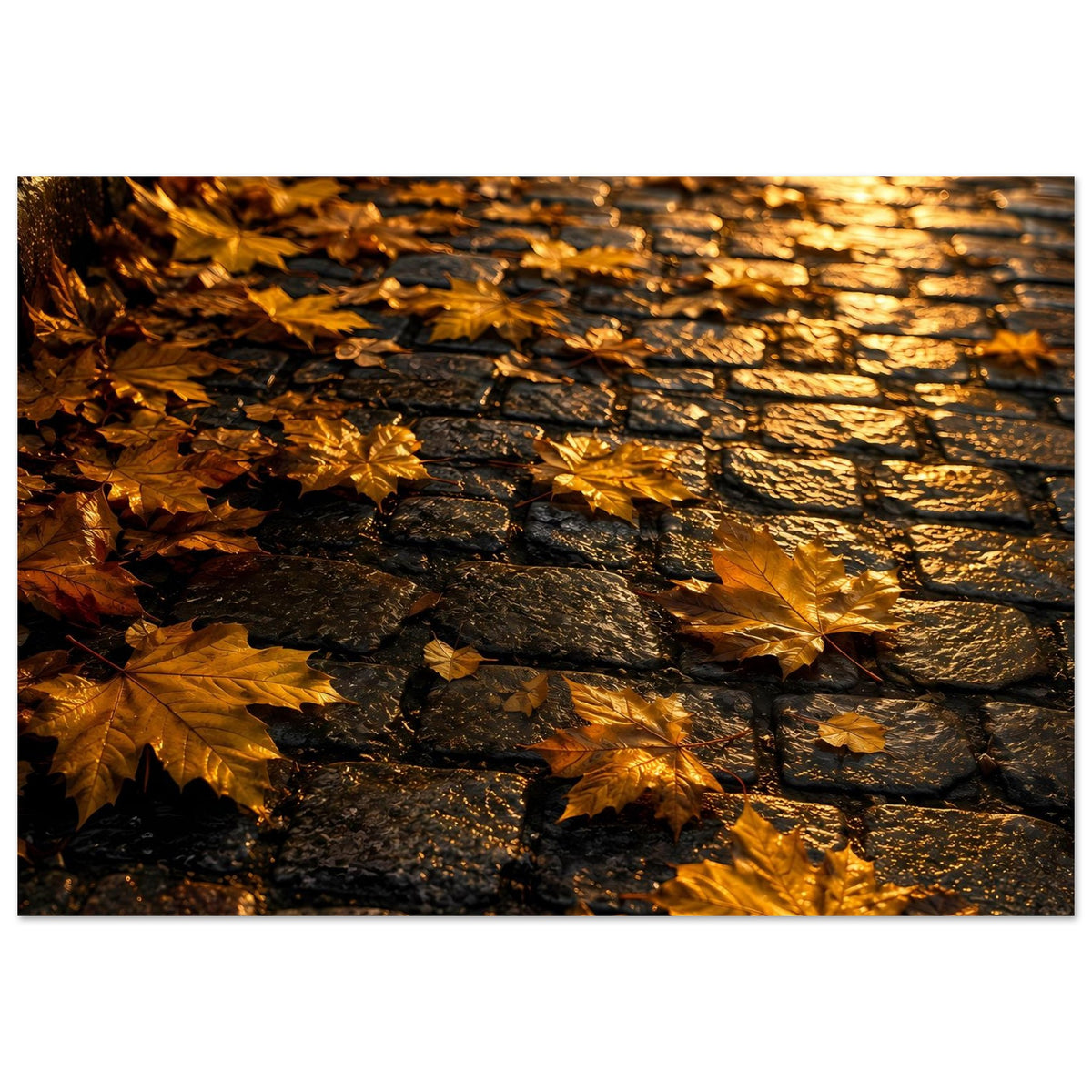 Herbstposter auf mattem Papier: gelbes Laub über dunklen Pflastersteinen, warmes Farbmuster