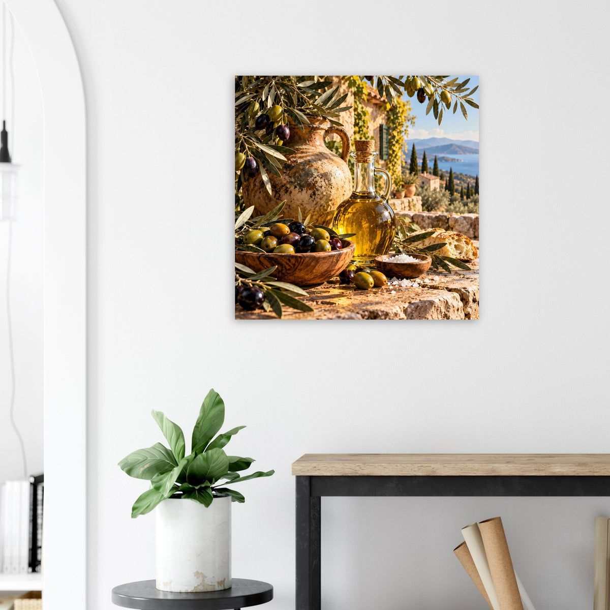 Wandposter mit Olivenernte-Motiv und Olivenzweigen, goldene Krüge, mattes Papier