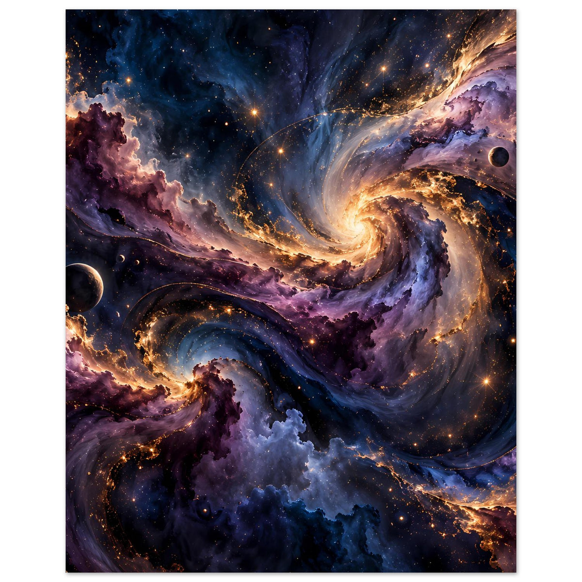 Weltraum-Poster mit Spiralnebel, violetten Nebelflächen, goldenen Lichtpunkten und Mond