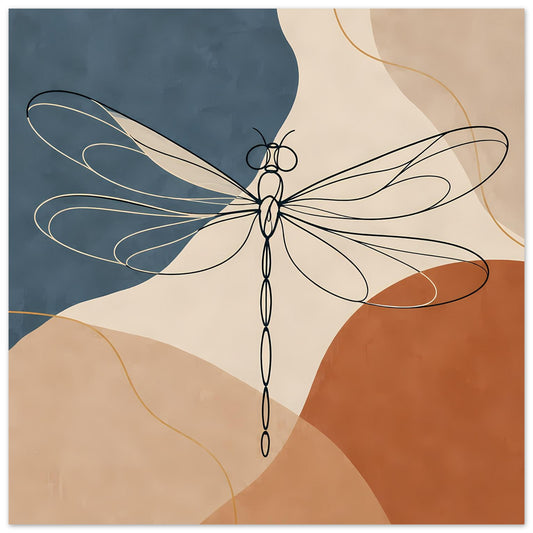 Vertikales abstraktes Poster mit Libellen-Illustration, Linienzeichnung in Blau, Beige und Orange