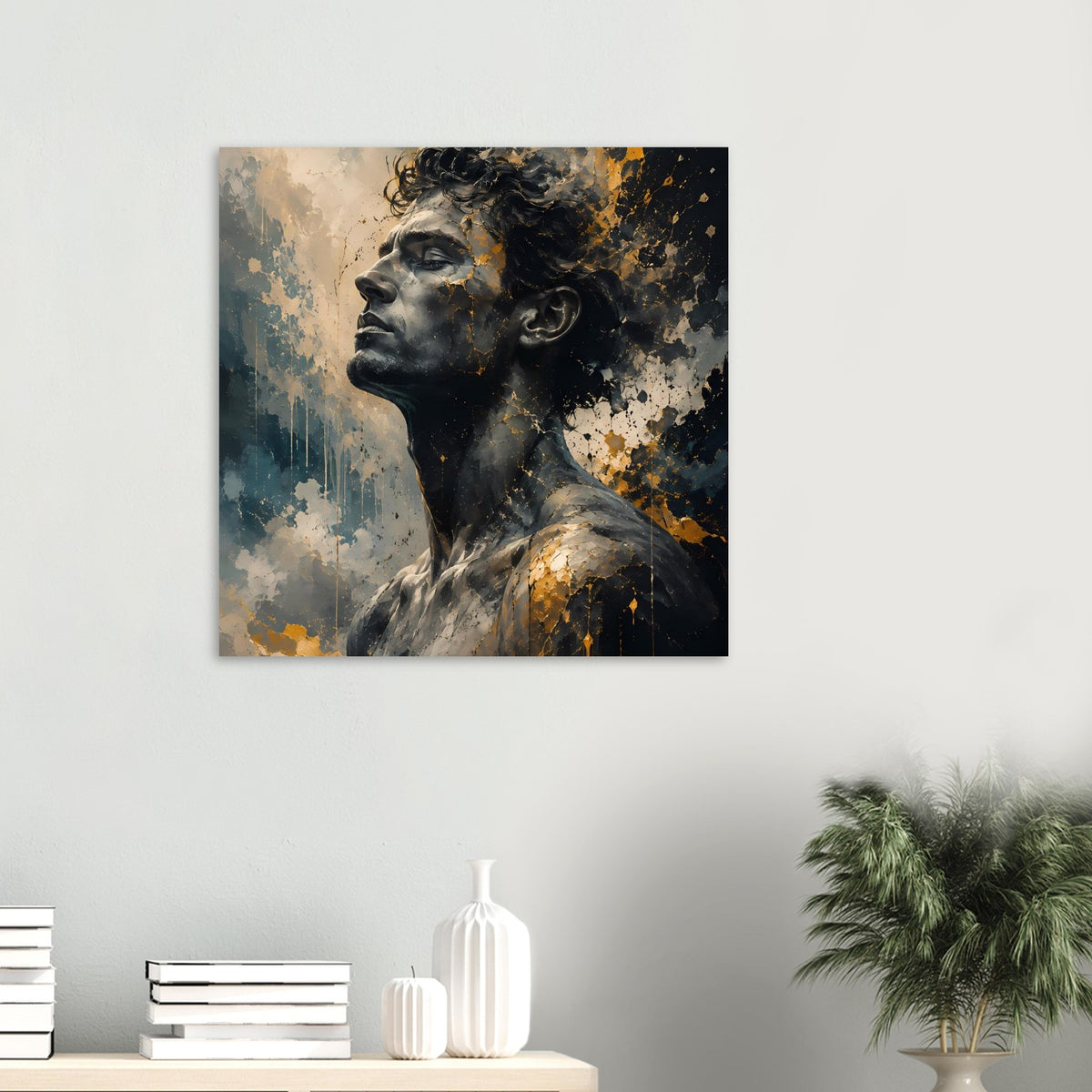 Poster mit Herrenprofil, goldene Spritzer und Rissmuster, blau-beiger Farbverlauf, schwarz gerahmt