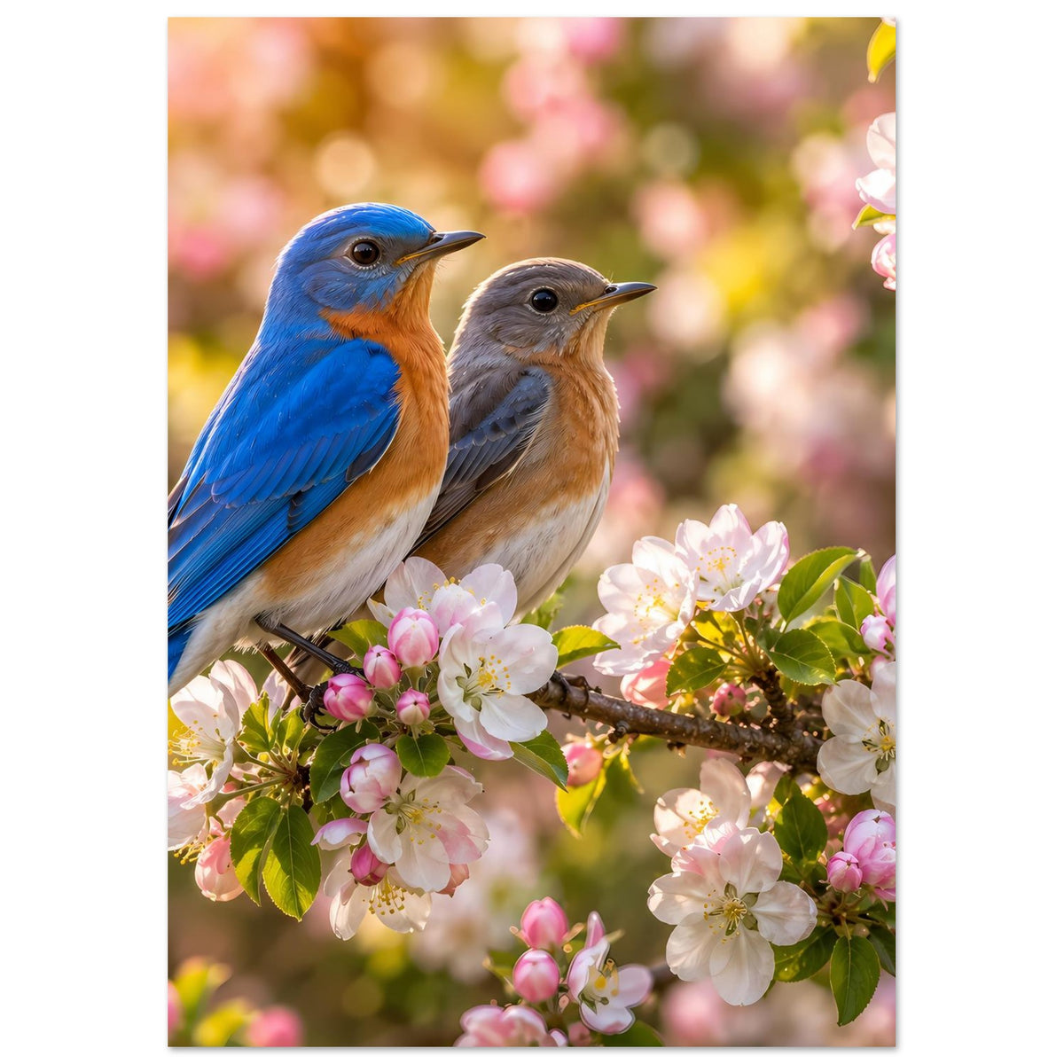 Vogelposter im Hochformat: zwei Vögel auf blühendem Ast mit rosa und weißen Blüten
