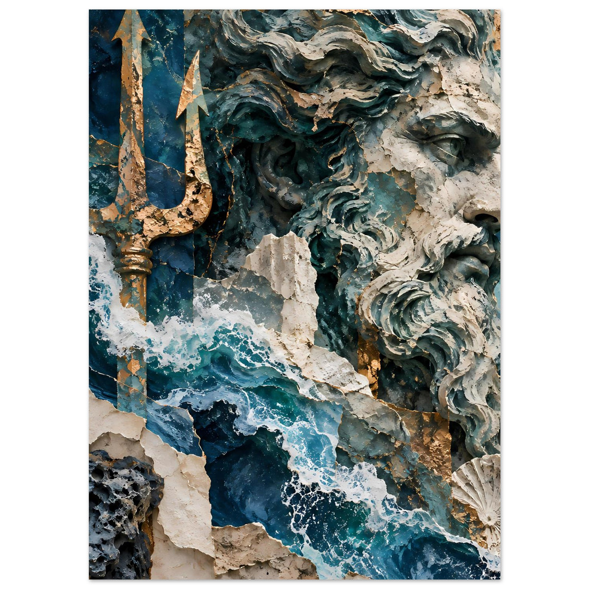 Neptun-Poster mit Dreizack, antiker Skulptur und türkisfarbenen Wellen über Fels