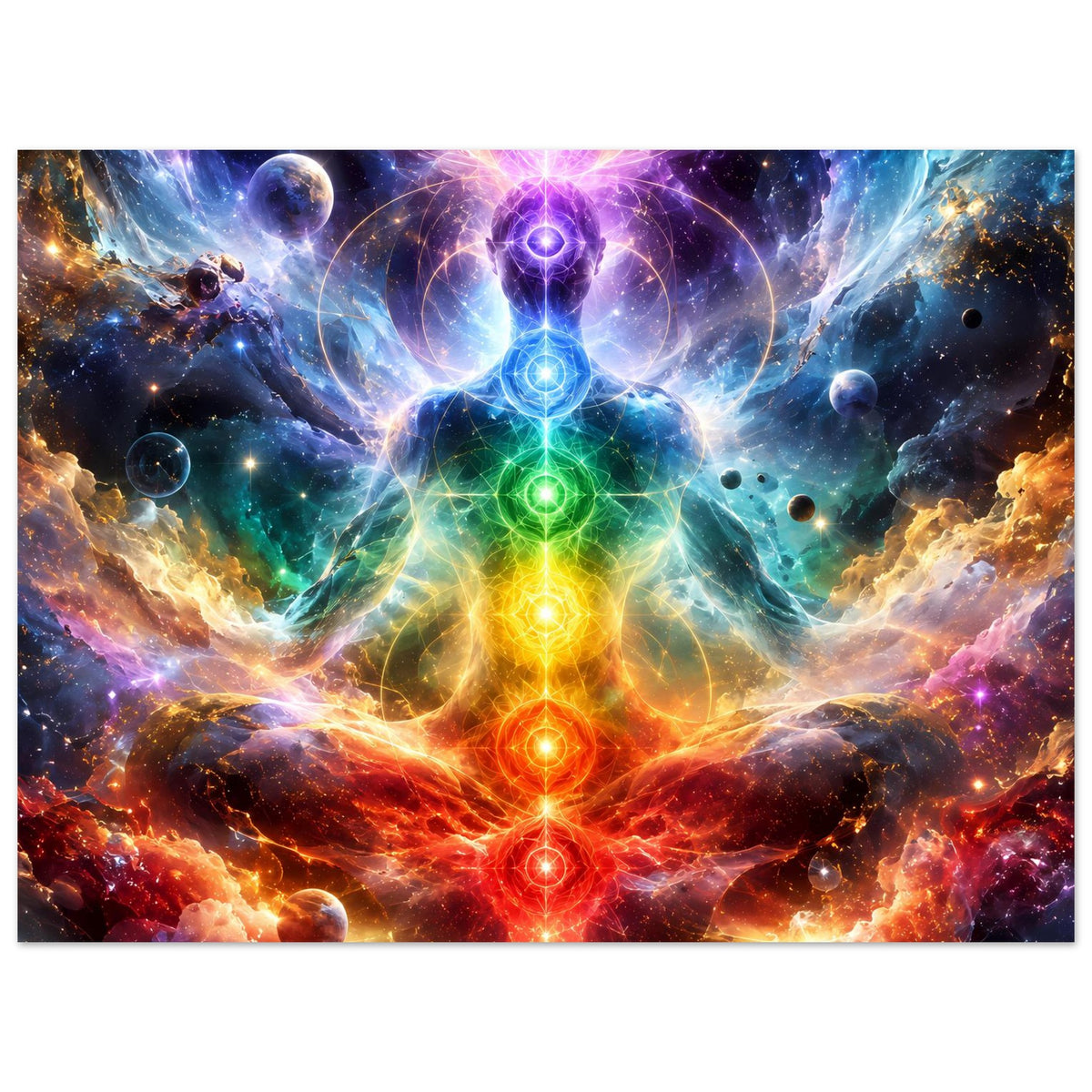 Meditationsposter mit zentralem Chakra-Lichtknoten und mehrfarbigem Energiefluss im Weltraum