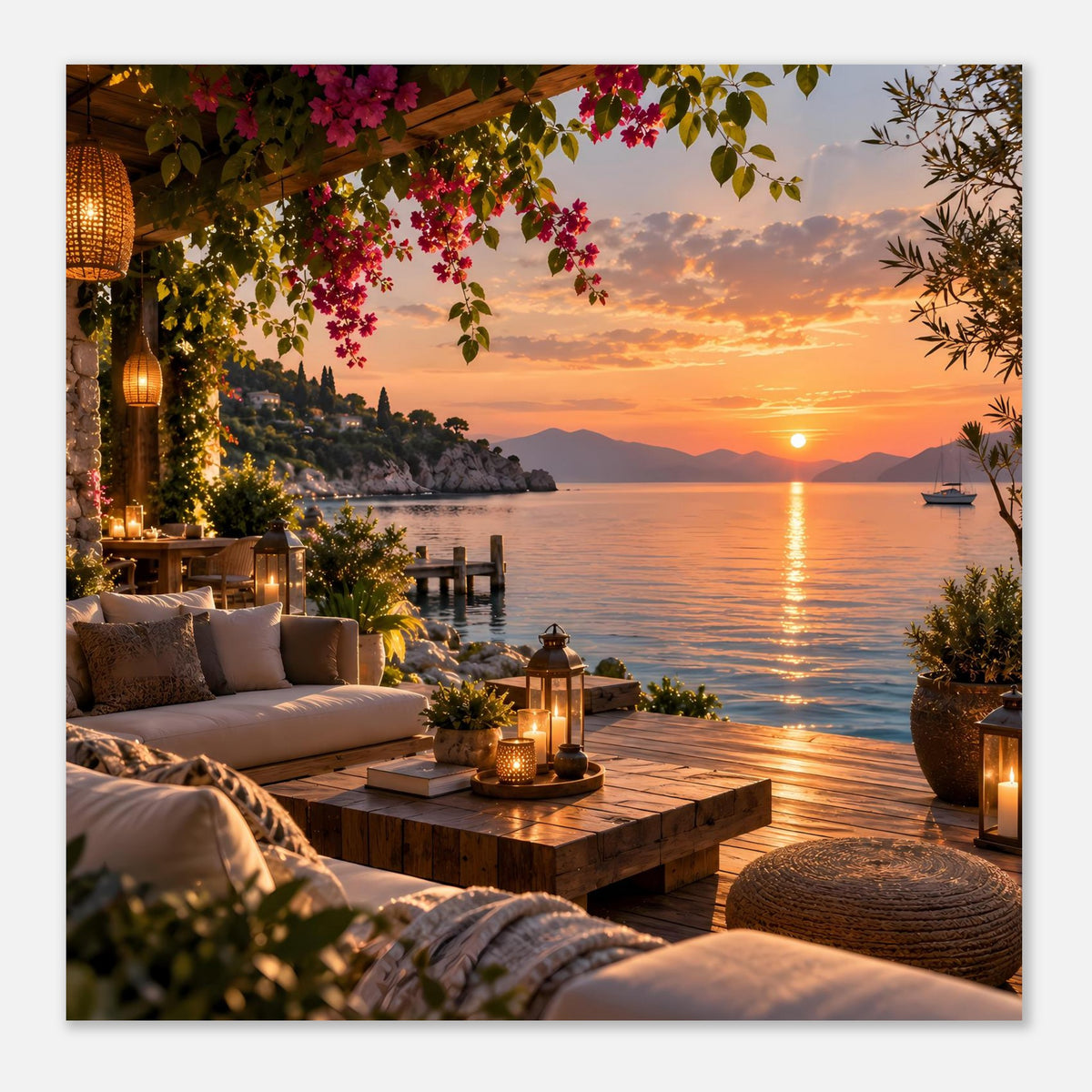 Poster mit Küstenterrasse, pinken Blüten, Holzliegefläche und Sonnenuntergang am Horizont
