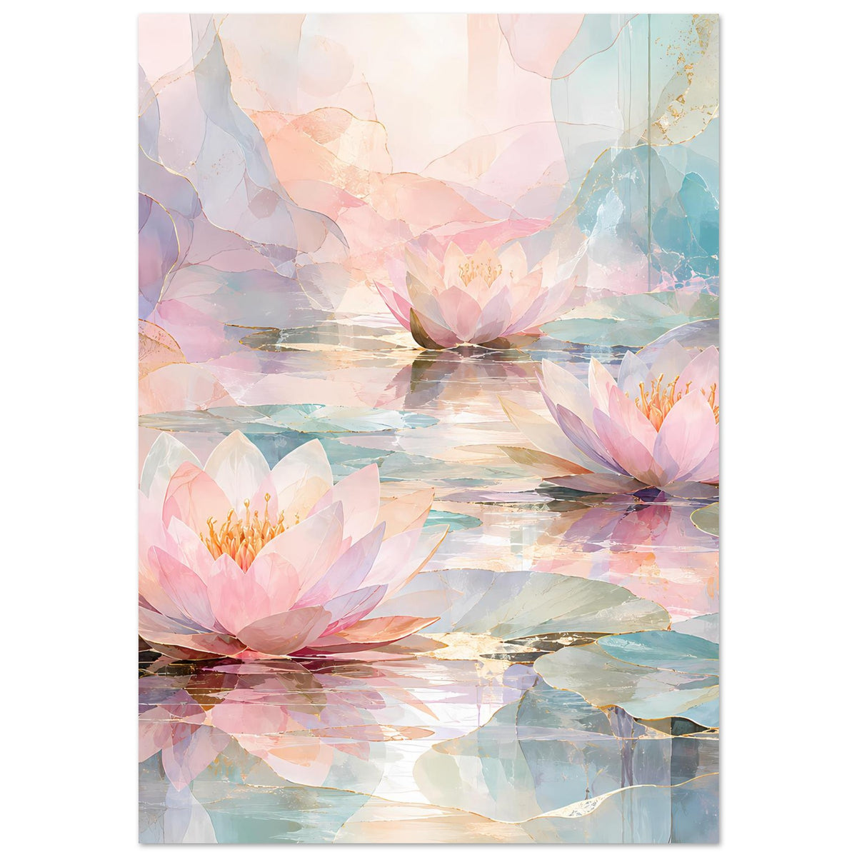 Poster mit Seerosenblüten und Spiegelungen im Wasser, zarte Pastelltöne