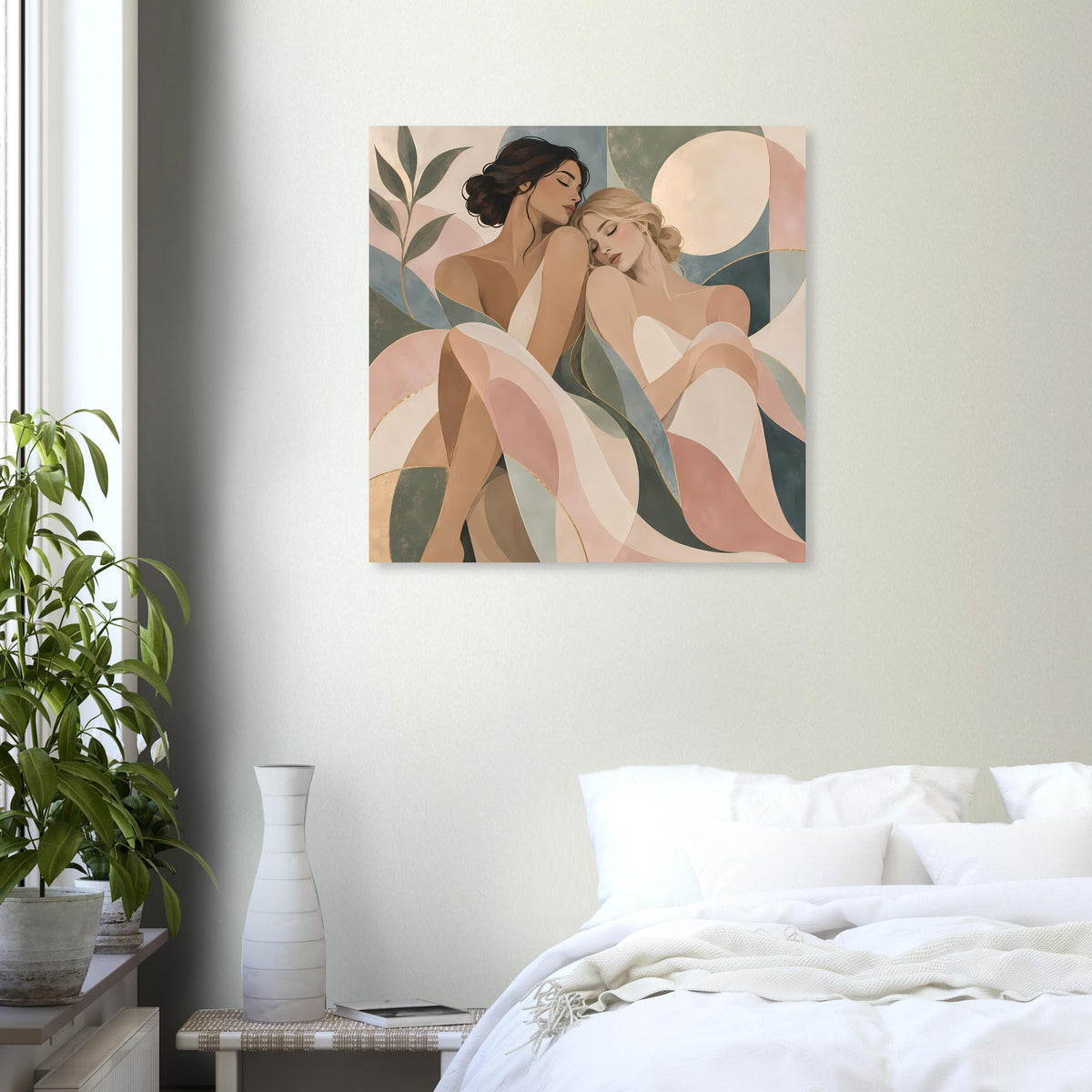 Quadratisches Kunstposter mit abstrakten, stilisierten Frauenfiguren in sanften Pastelltönen