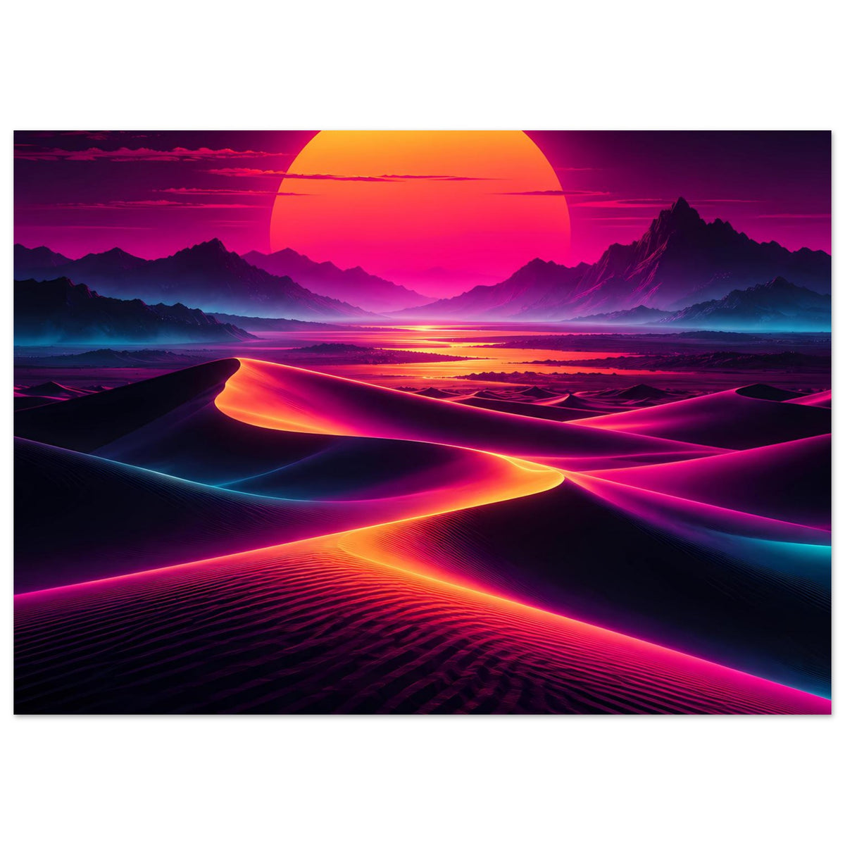 Neon-Wüstenlandschafts-Poster mit glühender Sonne am Horizont und leuchtenden Trassen im Sand