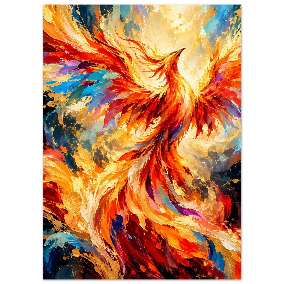 Phönix-Porträt-Poster, dynamische Flügelwirbel in Orange, Blau und Türkis