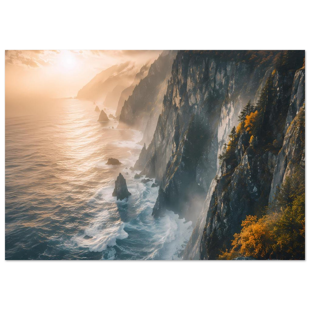 Poster mit dramatischen Meeresklippen, brechenden Wellen und goldenem Sonnenlicht am Horizont