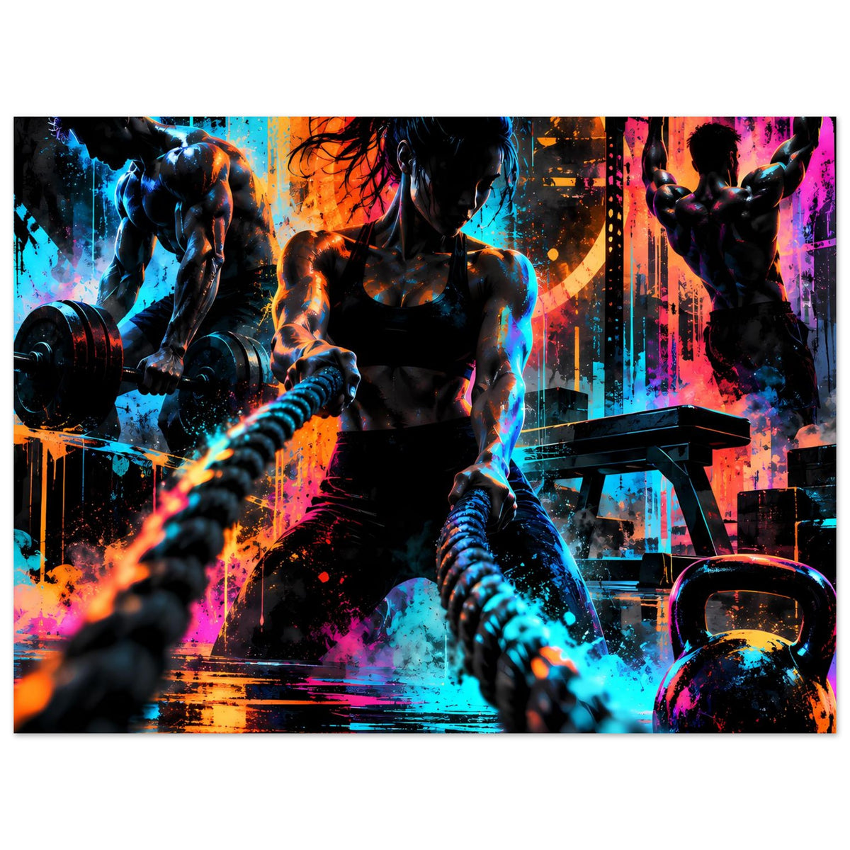 Fitness-Poster mit Neon-Silhouetten beim Training, Hanteln, Kettlebell und bunten Spritzern