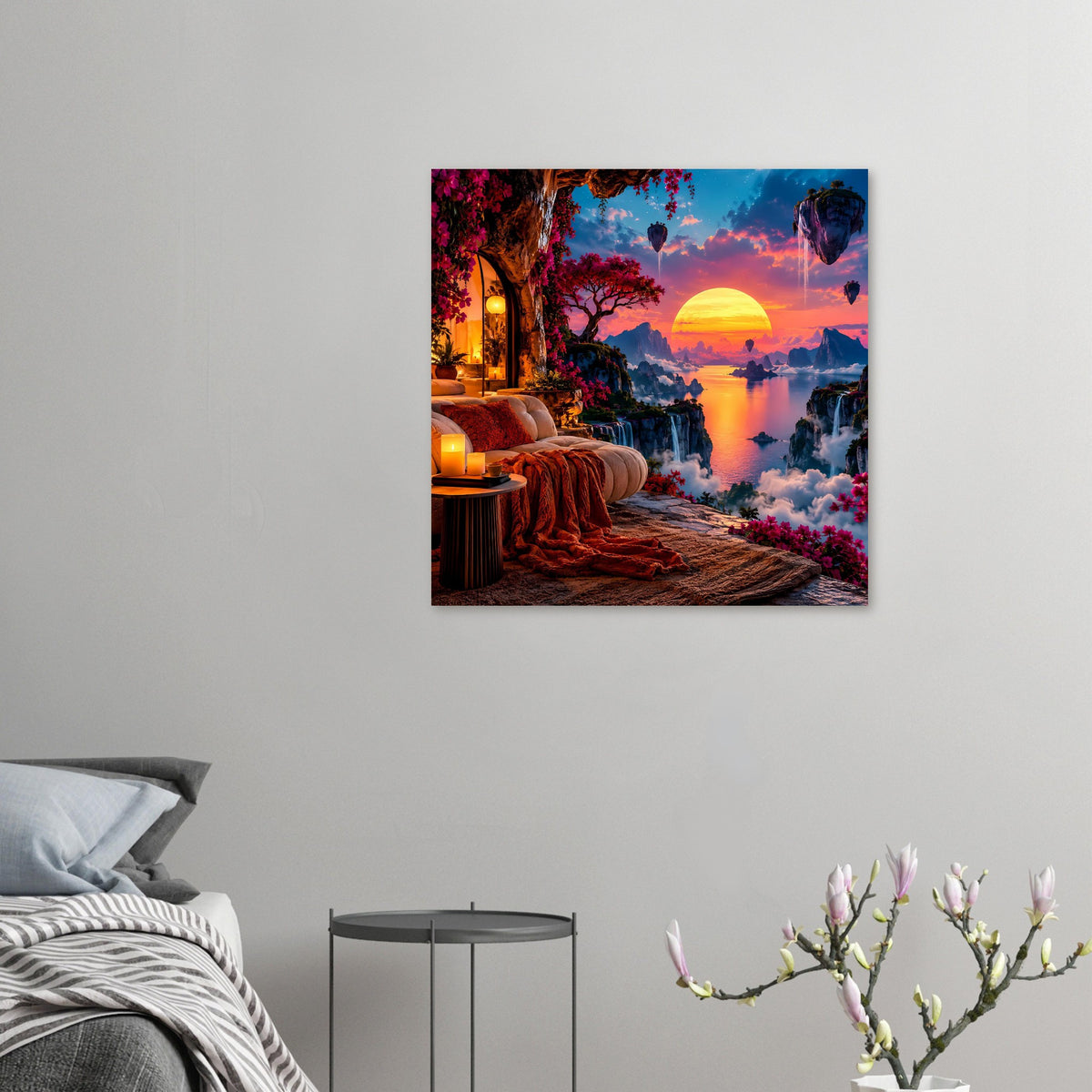 Fantasy-Landschaftsposter klein an der Wand: Sonnenuntergang, Flussnebel, Wasserfälle und Blüten