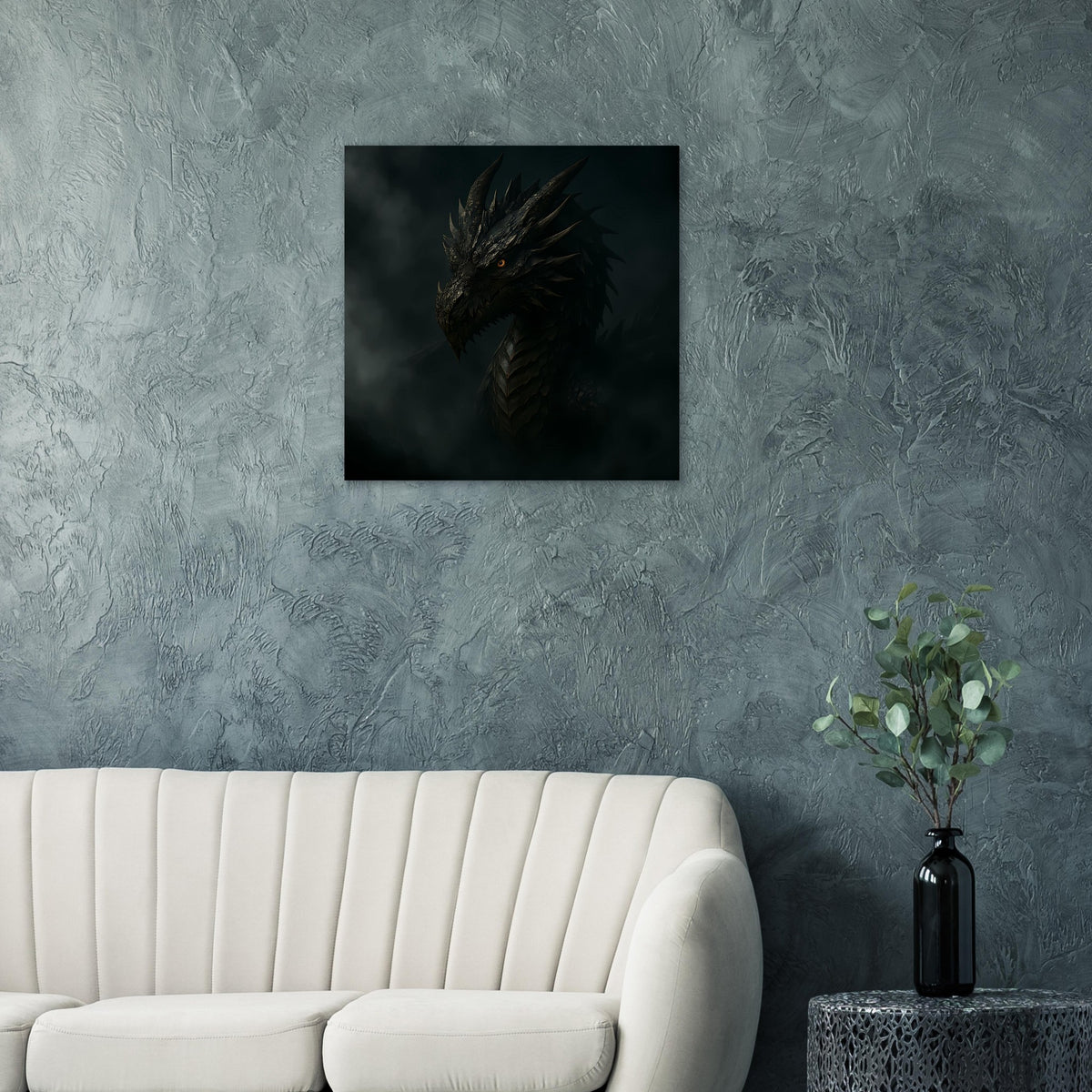 Quadratisches Poster mit schwarzem Drachenkopf, finstere Fantasy-Illustration