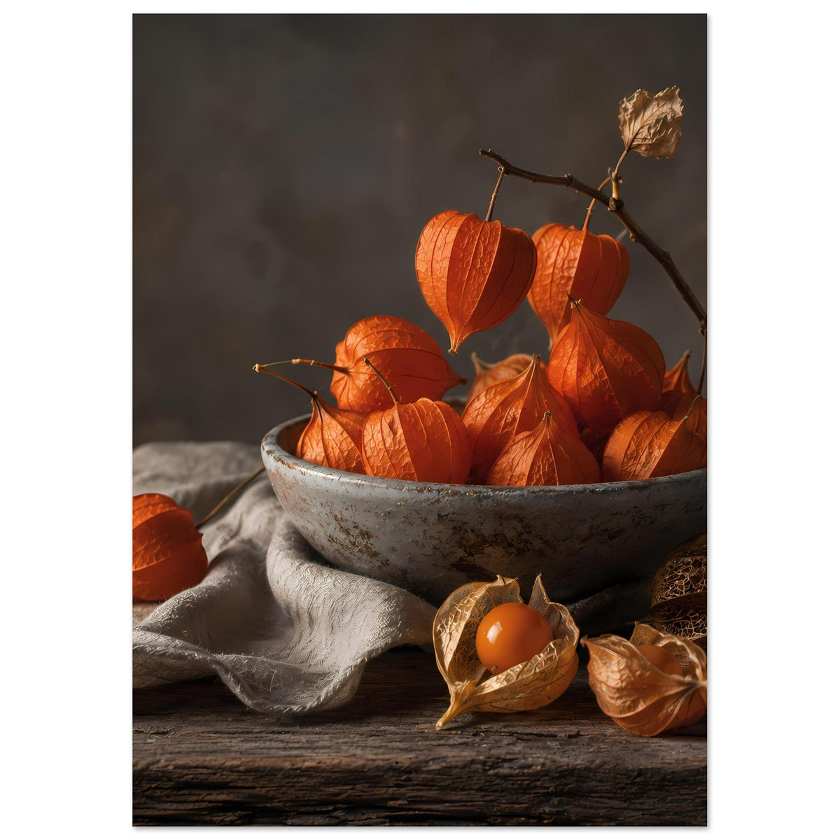Herbstposter im Hochformat: orange Zierkürbisse in grauer Schale, Physalis und Astzweig