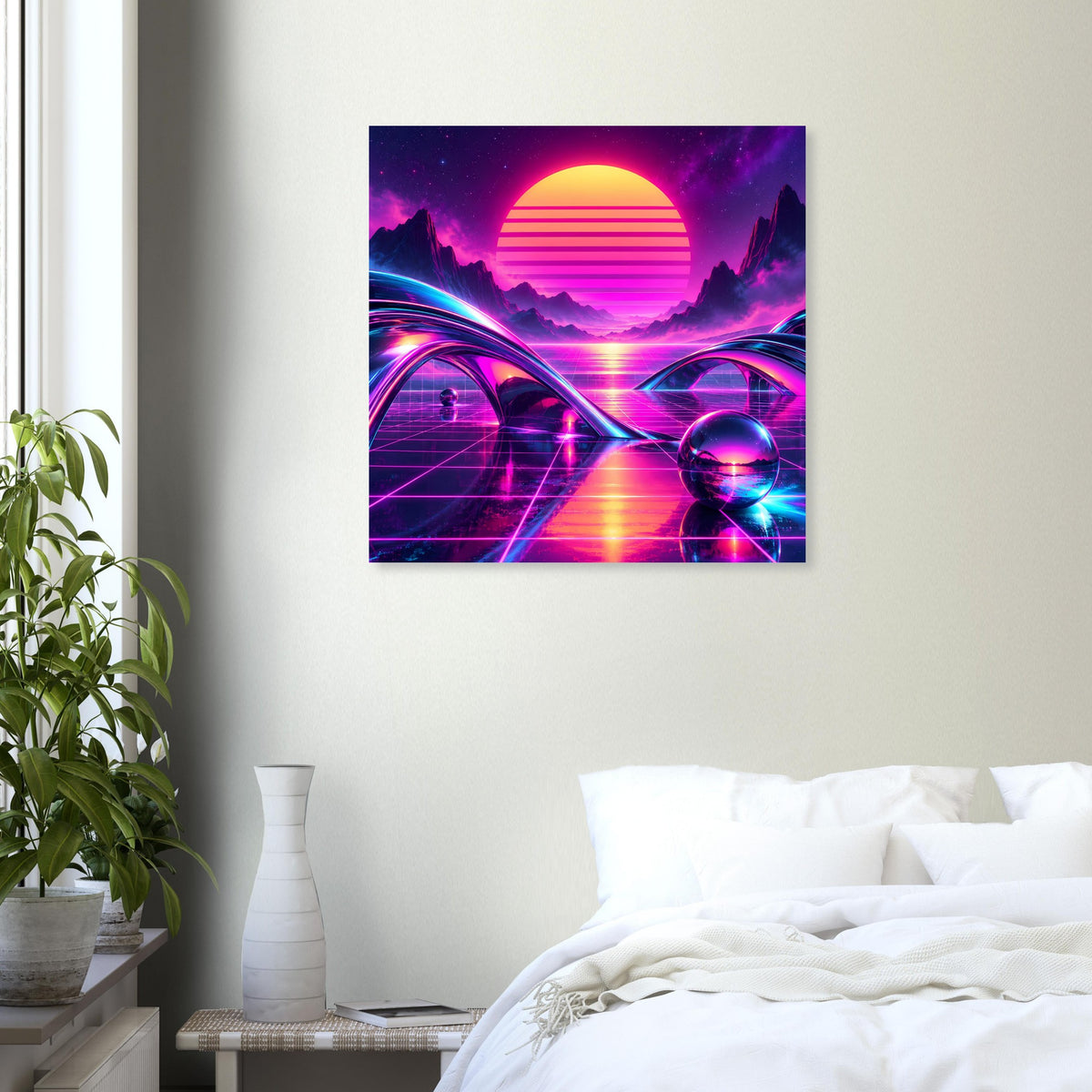 Quadratisches Poster mit Neon-Sonnenuntergang, violetten Bergen, futuristischem Lichtpfad und Astronaut