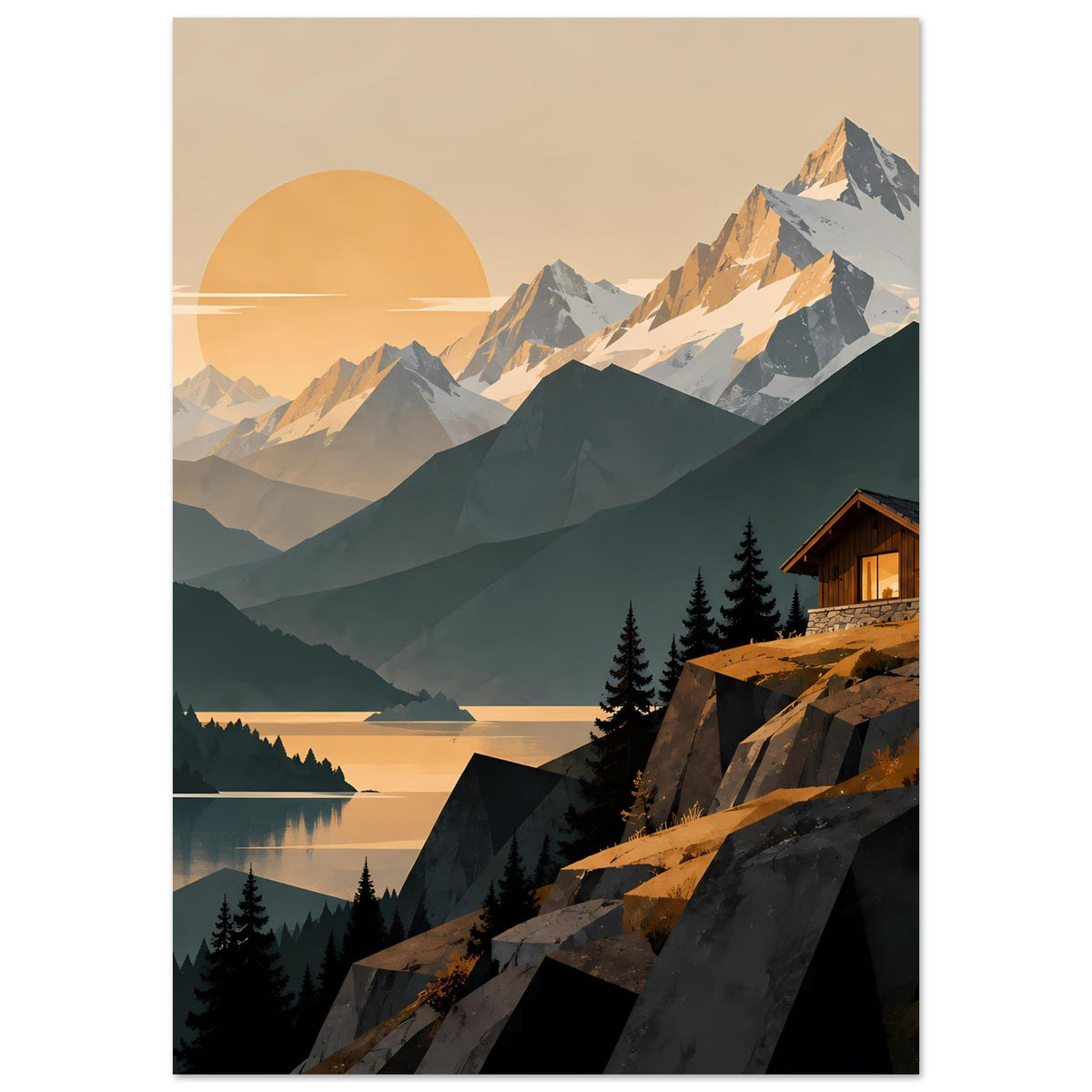 Poster im Querformat: Gebirge mit Sonnenkreis, See im Tal und Holzhaus rechts