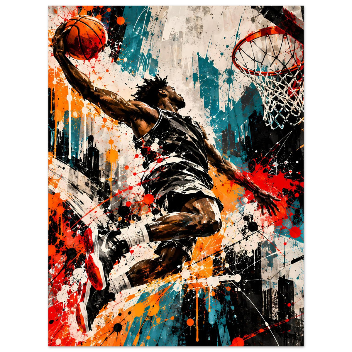 Basketball-Poster mit Spritzkunst-Spieler, Basketball und Korb, kräftige Sprenkel