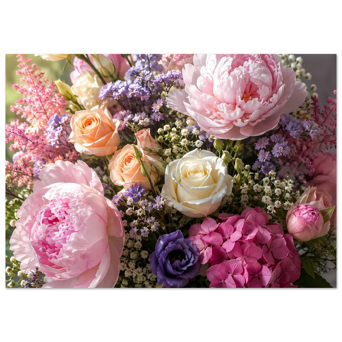 Poster mit Pastellblumenstrauß: Pfingstrosen, Hortensien, dunkle lila Blüte und Rosen