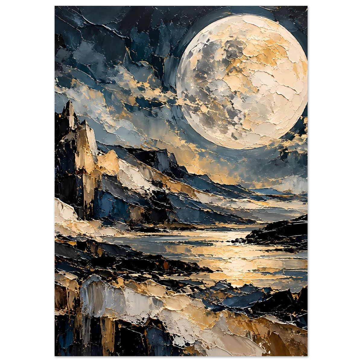 Mondschein-Poster mit goldenem Vollmond und felsiger Küste, abstrakte Farbflächen