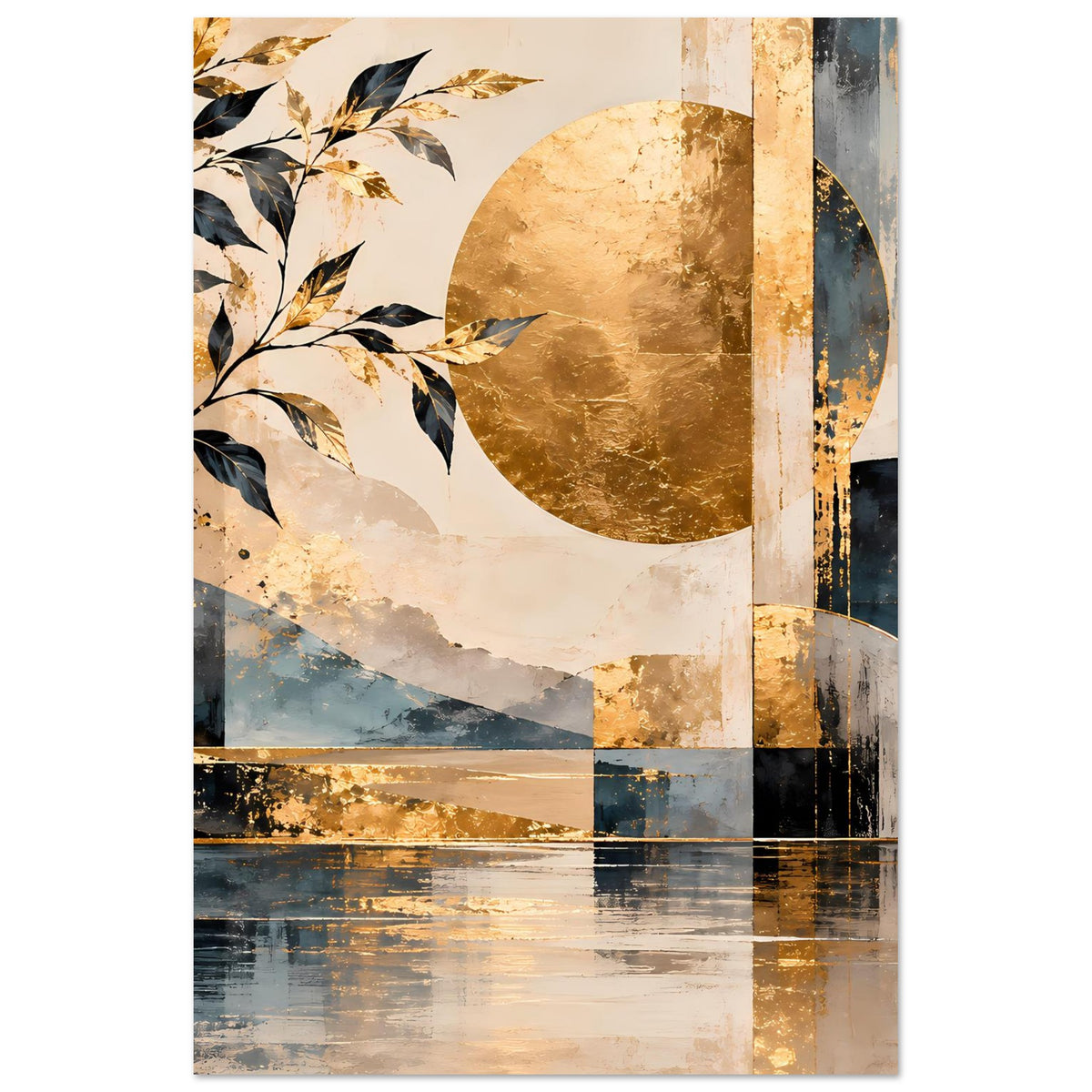 Kunstposter mit goldener Kreisfläche, blauem Verlauf und abstrakten Balken am unteren Rand