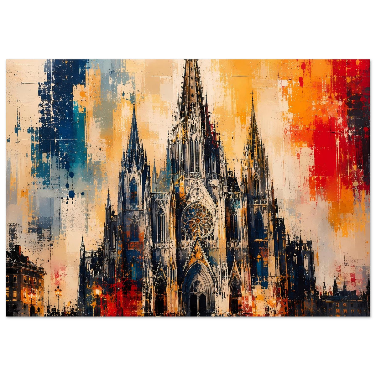 Poster mit gotischer Kathedrale, versetzte Farbschichten in Blau, Gelb und Rot, zentrale Türme