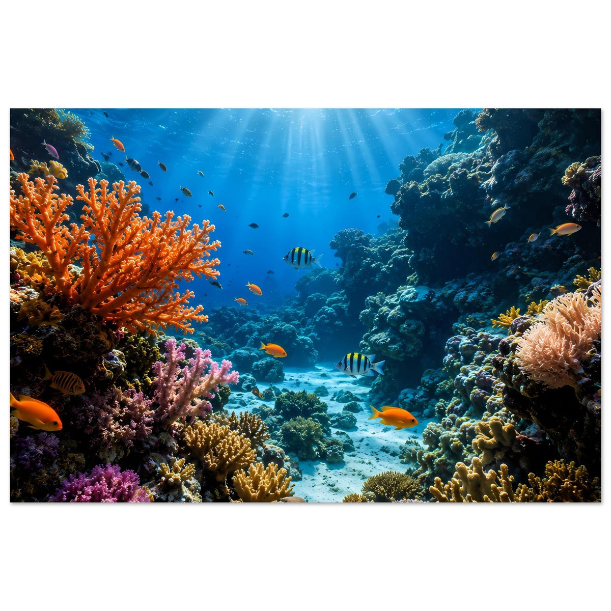 Unterwasser-Poster mit Korallenriff: orange Korallen links, gelbe Korallen rechts