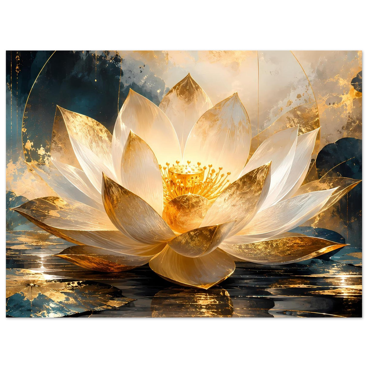 Kunstposter mit goldener Lotusblüte und weißen Blütenblättern, spiegelndes Wasser