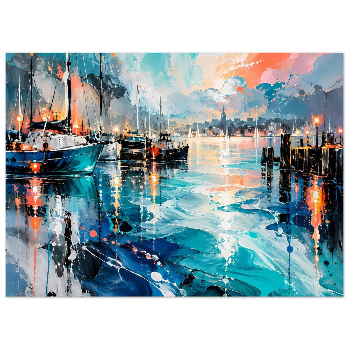 Breites Hafenposter mit Segelbooten, türkis-blauem Wasser und warmen Lichtreflexen
