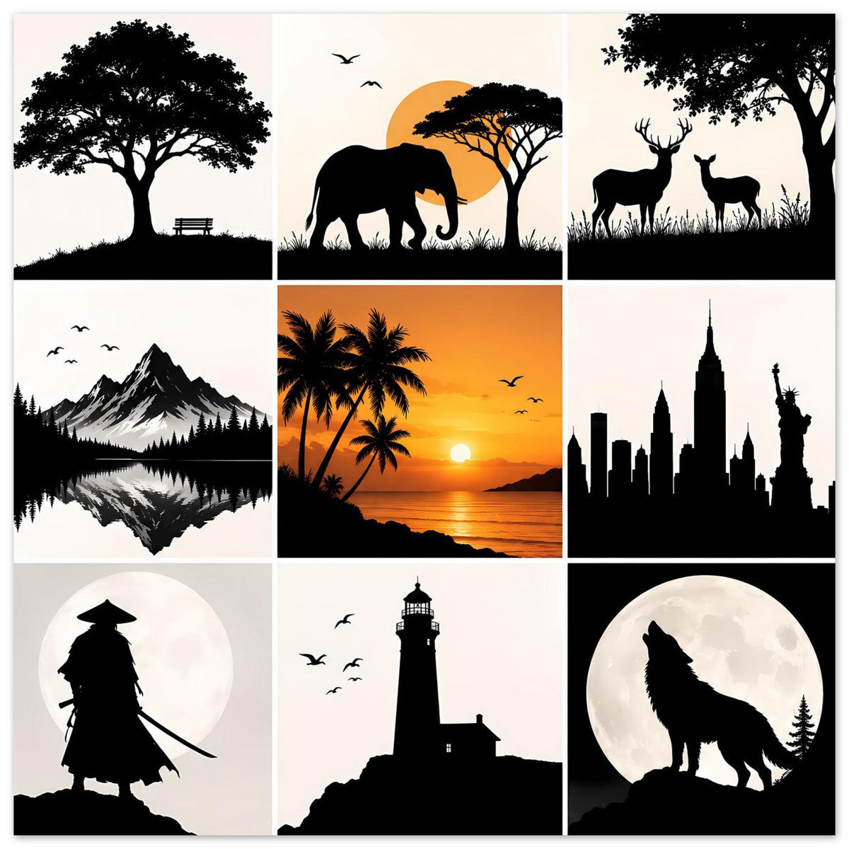 Kunstposter mit Silhouetten-Collage: Elefant, Rehe, Berge, Palmen-Sonnenuntergang, Leuchtturm, Skyline, Wolf