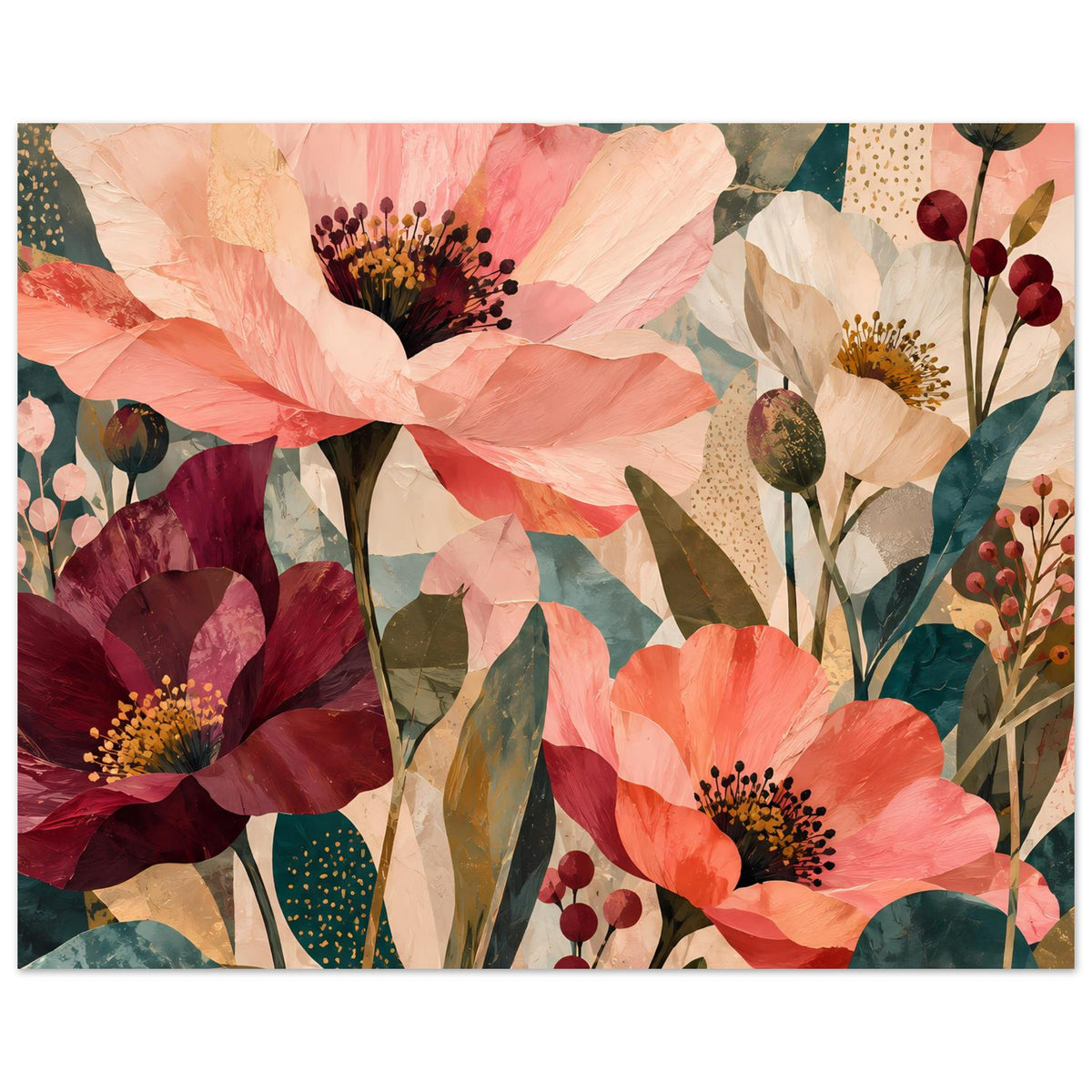 Kunstposter im Querformat mit abstrakten Blüten in Korallrosa, Burgunder und Dunkelgrün