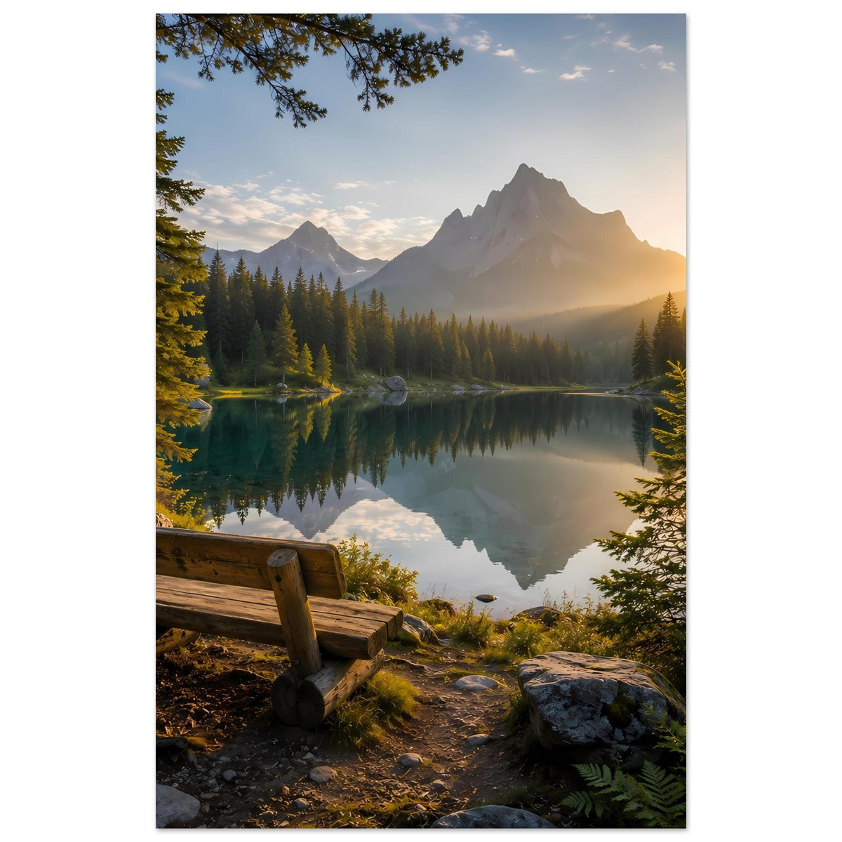 Poster mit Bergsee im Abendlicht, ruhiges Wasser, Berge in der Dämmerung