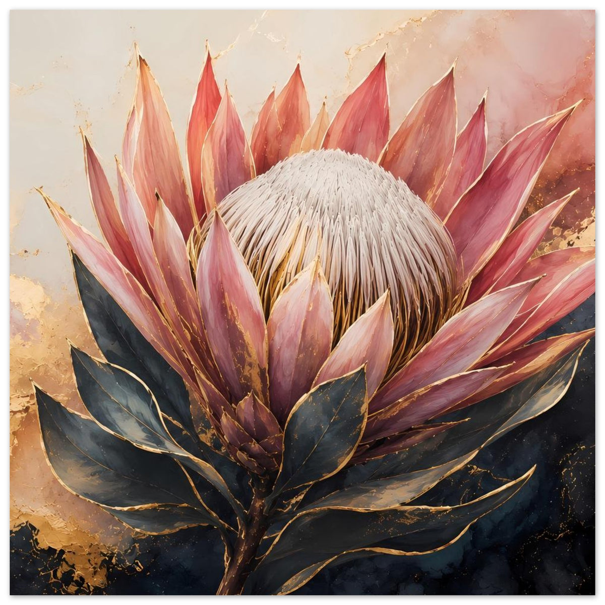Botanisches Poster mit Königsprotea: Blütenblätter in Altrosa, goldene Akzente und dunkle Blattfächer.
