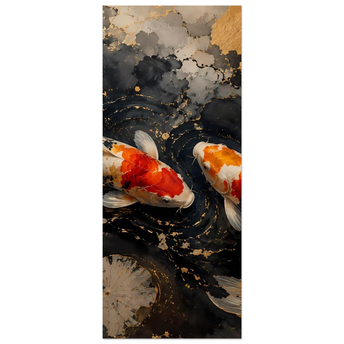 Vertikales Poster mit zwei Koi-Fischen im dunklen Wasser, Seerosen, goldene Sprenkel